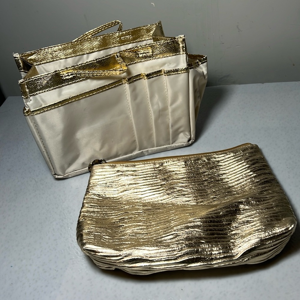 Mark Gold Zipper Bag Vinyl Lining and Tan Gold Vinyl Tote Bag - Picture 1 of 9
